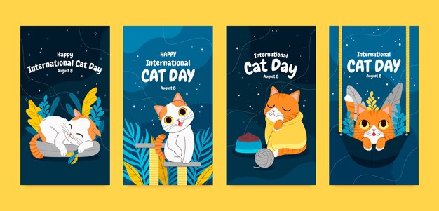 International cat day hand drawn flat ig stories collection