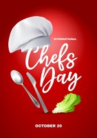 Illustrazione vettoriale del poster della giornata internazionale degli chef con il coltello della forchetta del cappello dello chef e la foglia di lattuga su sfondo rosso