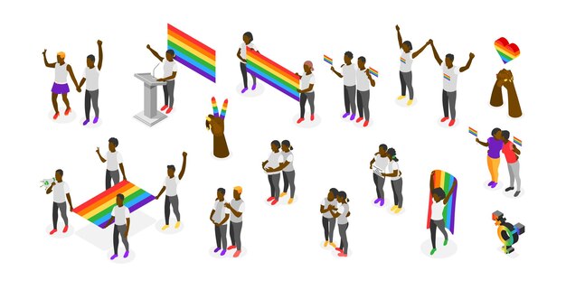 Международный день против гомофобии, изометрические перекраски, набор людей с радужными флагами и символами лгбт, изолированные векторные иллюстрации