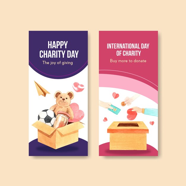 International Day of Charity flyer concept design with brochure and leaflet watercolor vector.