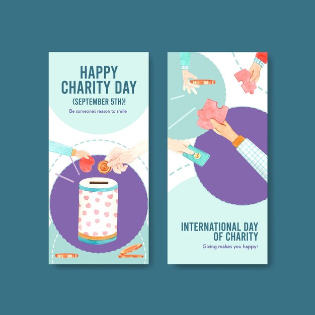 International Day of Charity flyer concept design with brochure and leaflet watercolor vector.