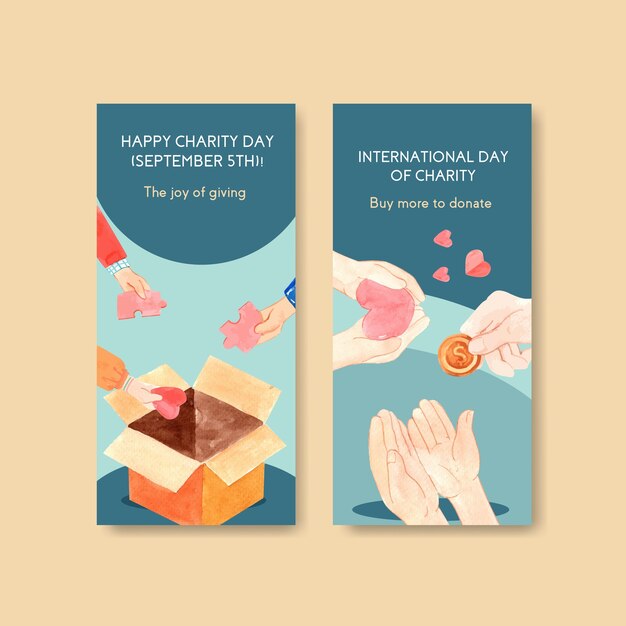 International Day of Charity flyer concept design with brochure and leaflet watercolor.