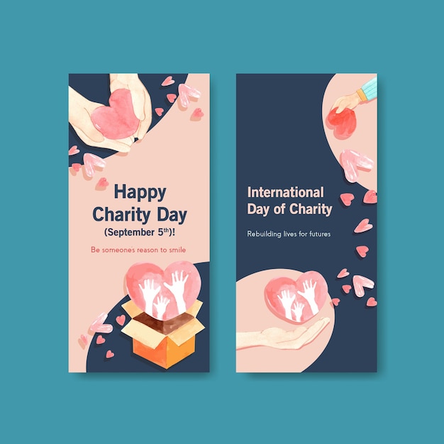 International day of charity flyer concept design with brochure and leaflet watercolor.