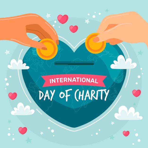 International day of charity hand drawn background with hands and pennies