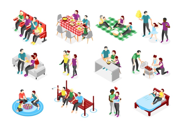 Free vector international day of families isometric icons with adults and children together at home and outdoors isolated vector illustration