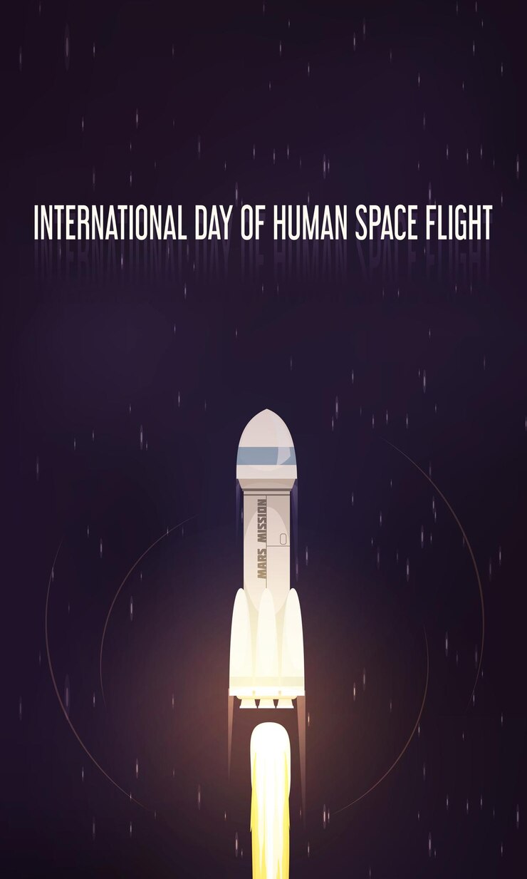 Free Vector international day of human space flight flat composition with starting rocket at night starry sky illustration