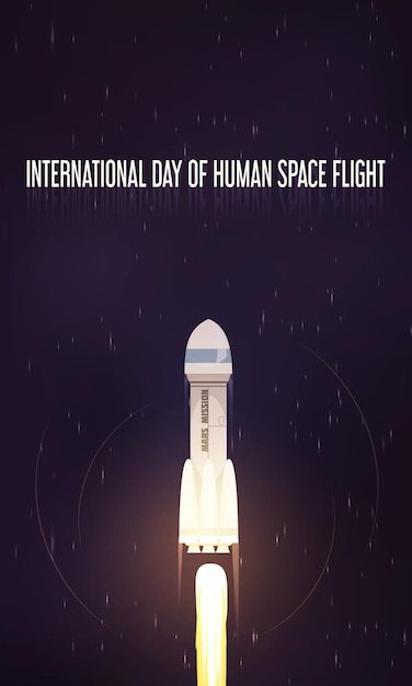International day of human space flight flat composition with starting rocket at night starry sky illustration