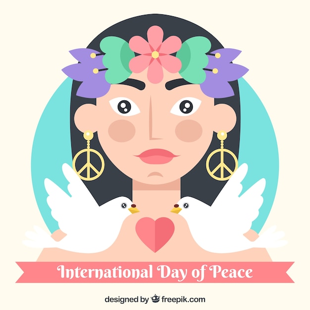 Free vector international day of peace, a woman, two doves and a heart