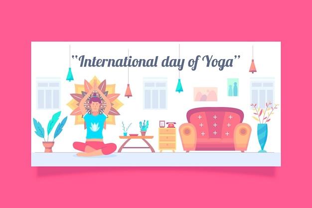 International day of yoga banner with person at home