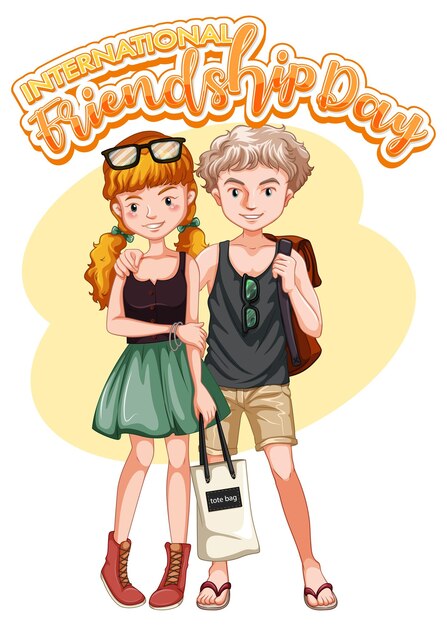 Free Vector international friendship day logo banner with two teenagers