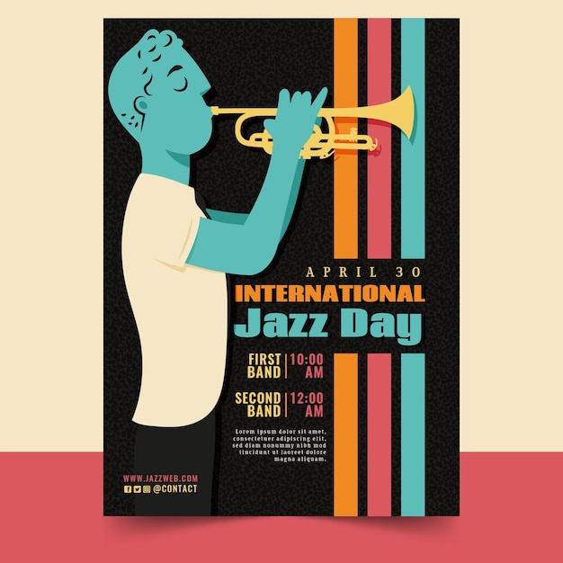 Modello di poster verticale giornata internazionale del jazz con uomo e tromba