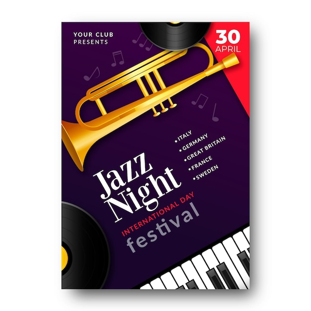 Vettore gratuito modello di poster verticale giornata internazionale del jazz con tromba e tasti di pianoforte