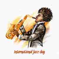Бесплатное векторное изображение Международный день джаза с акварельным человечком, играющим на саксофоне