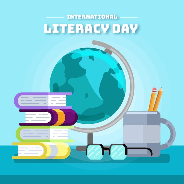 Vettore gratuito giornata internazionale dell'alfabetizzazione con globo e libri