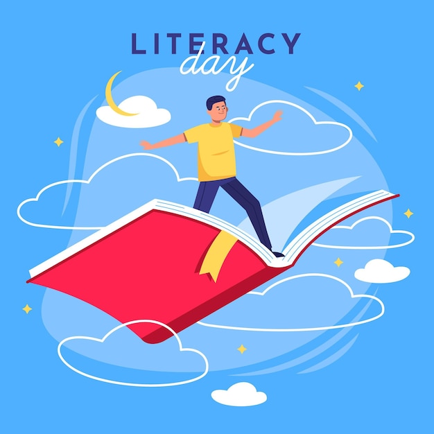 Free vector international literacy day with man flying on book