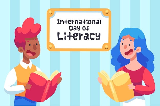 Free vector international literacy day with people and books