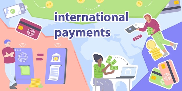 Free vector international payments flat collage with people carrying out worldwide financial transaction and remittance abroad vector illustration