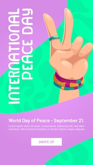 Il poster della giornata internazionale della pace con la mano mostra il gesto v. banner vettoriale della giornata mondiale per la libertà, il mondo pacifico e contro la guerra. modello di social media con segno della mano del fumetto con due dita