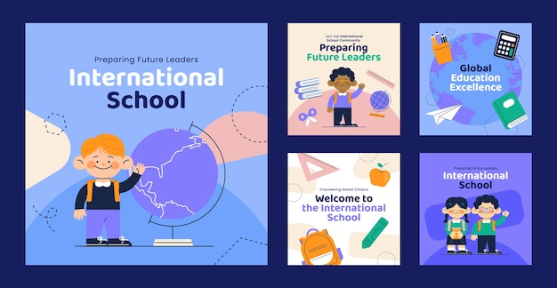 Бесплатное векторное изображение Посты в инстаграме международной школы