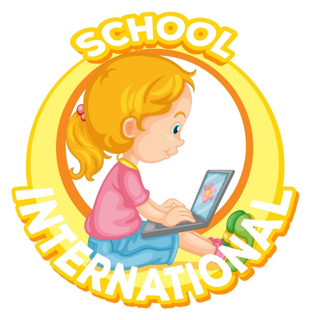 International school logo design with girl working on computer