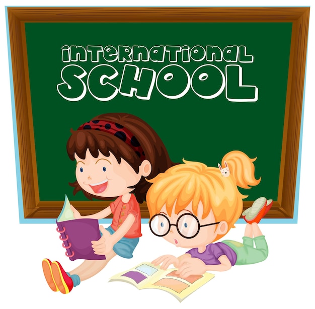 Знак международной школы с двумя девушками, читающими книги