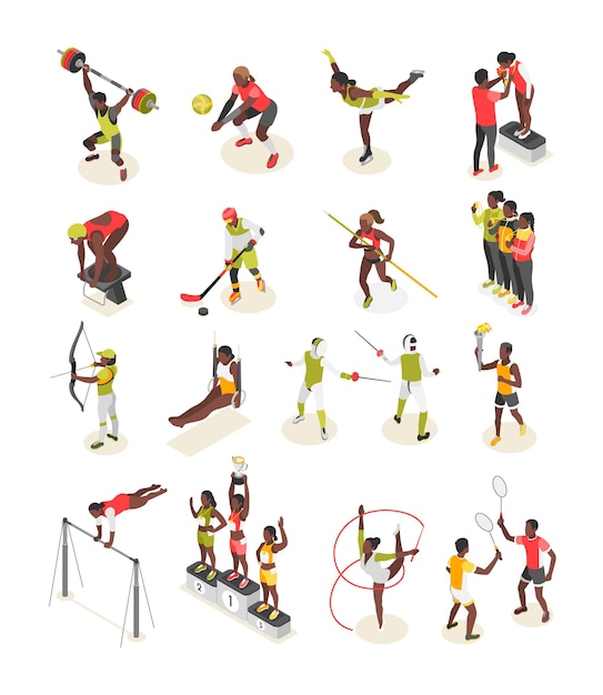 Международный спортивный день изометрической перекраски набора изолированных человеческих персонажей спортсменов, выступающих с векторной иллюстрацией спортивного инвентаря