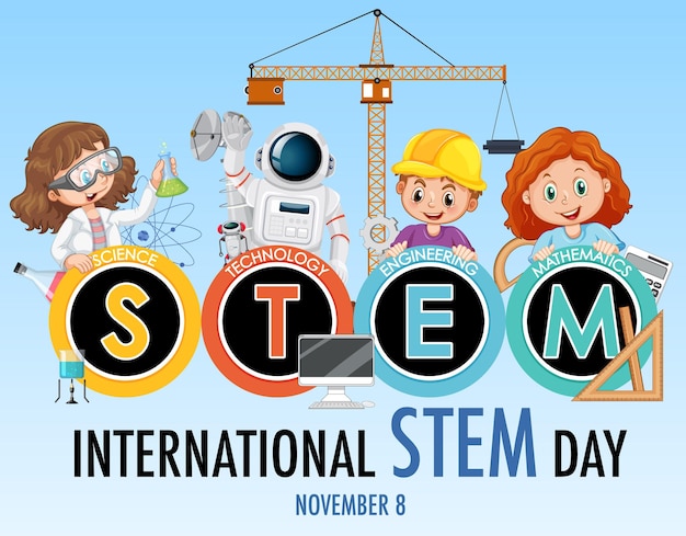 International stem day banner with kids cartoon character