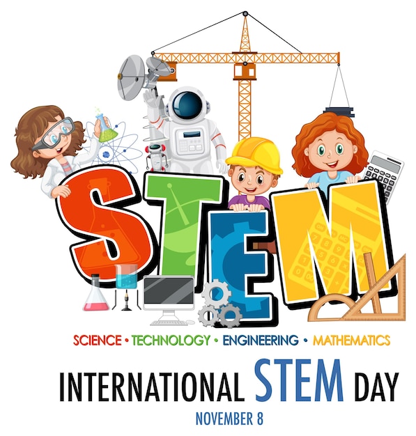 International stem day banner with kids cartoon character