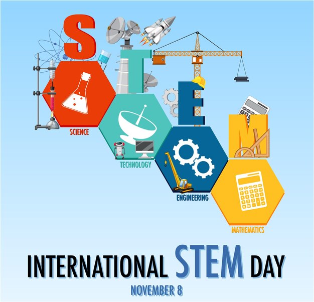 STEM 로고가 있는 11월 8일 배너의 국제 STEM의 날