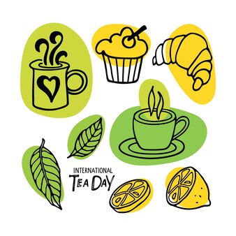 Международный день чая надписи чашки чайных листьев лимонный кекс круассан эскиз горячий напиток