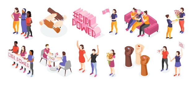 International women day isometric icons with community of different ethnicity female characters and slogan girl power isolated on white background vector illustration