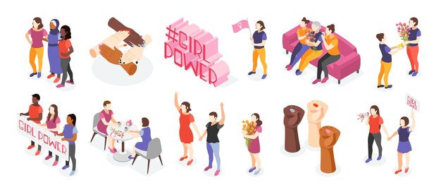 Изометрические иконы Международного женского дня с сообществом женских персонажей разных национальностей и лозунгом женской силы изолированы на белом фоне векторной иллюстрации