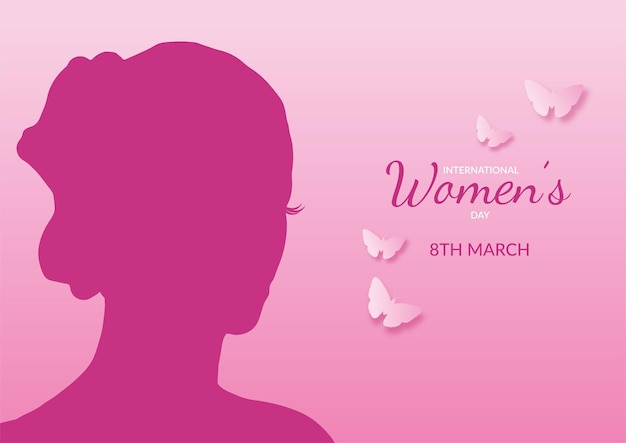 International Women's Day background with female silhouette and butterflies