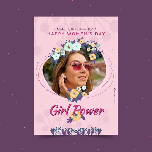 Free vector international women's day vertical poster template with woman and flowers