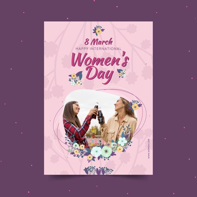 Шаблон вертикального плаката международного женского дня с женщинами и цветами