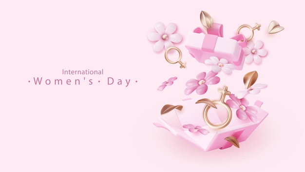 International womens day poster with female sign d and composition of spring pink flowers.