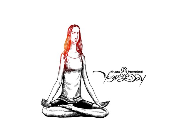 Международный день йоги 21 июня Молодая женщина медитирует на векторной иллюстрации абстрактного поста