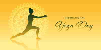 Free vector international yoga day banner design with silhouette of female in yoga pose