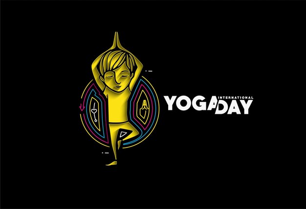 Международный день йоги Молодой мальчик медитирует на векторной иллюстрации рекламного баннера