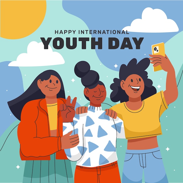 Международный день молодежи рисованной плоской иллюстрации