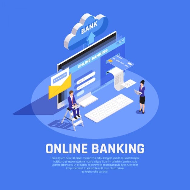 Internet banking isometric composition with online account login credit card cloud storage security service