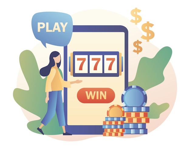 Internet casino and gambling concept tiny girl gaming online games on smartphone people play online slot machine modern flat cartoon style vector illustration on white background Premium Vector