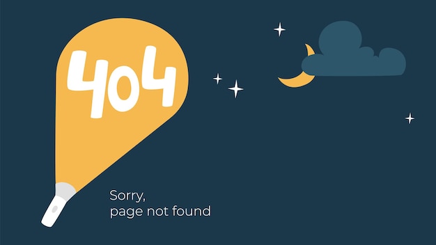 인터넷 연결 문제 개념 그림입니다. 404 검은 배경에 격리된 오류 페이지를 찾을 수 없습니다. 별이 빛나는 하늘에 재미있는 손전등이 달과 함께 빛납니다. 격리 된 벡터 일러스트입니다.