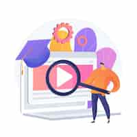 Free vector internet lessons searching. remote university, educational programs, online classes website. high school student with magnifying glass cartoon character.