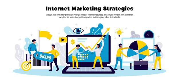 Интернет-маркетинг стратегия плакат с символами роста бизнеса плоский