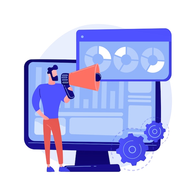 Free vector internet poll results. marketing survey, report analyzing, questionnaire. marketer cartoon character with megaphone. infographics on monitor screen concept illustration