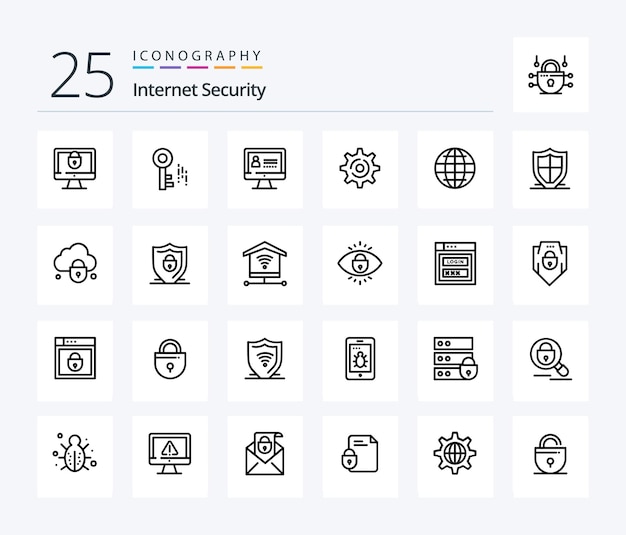 インターネット インターネット インターネット グローブ設定を含むインターネット セキュリティ 25 ライン アイコン パック