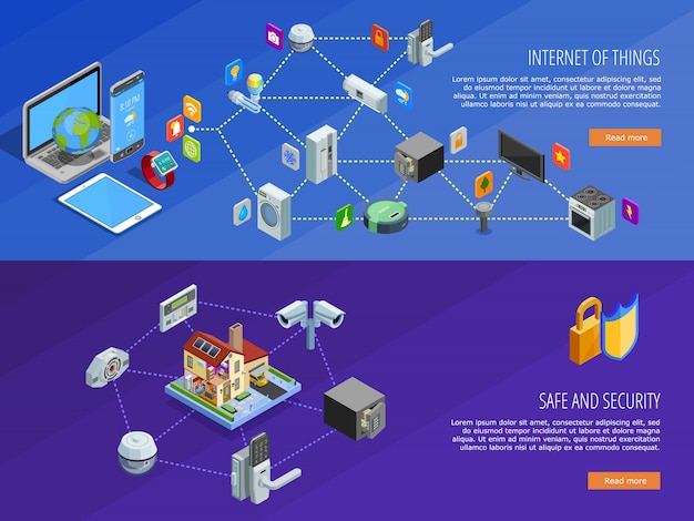 Vettore gratuito bandiere isometriche di internet of things