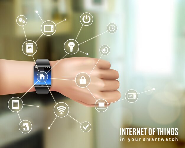 Internet of things in smart wrist multimedia watch gadget on hand 