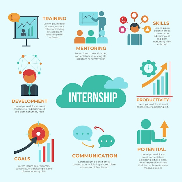 Internship work training infographic with illustrated elements